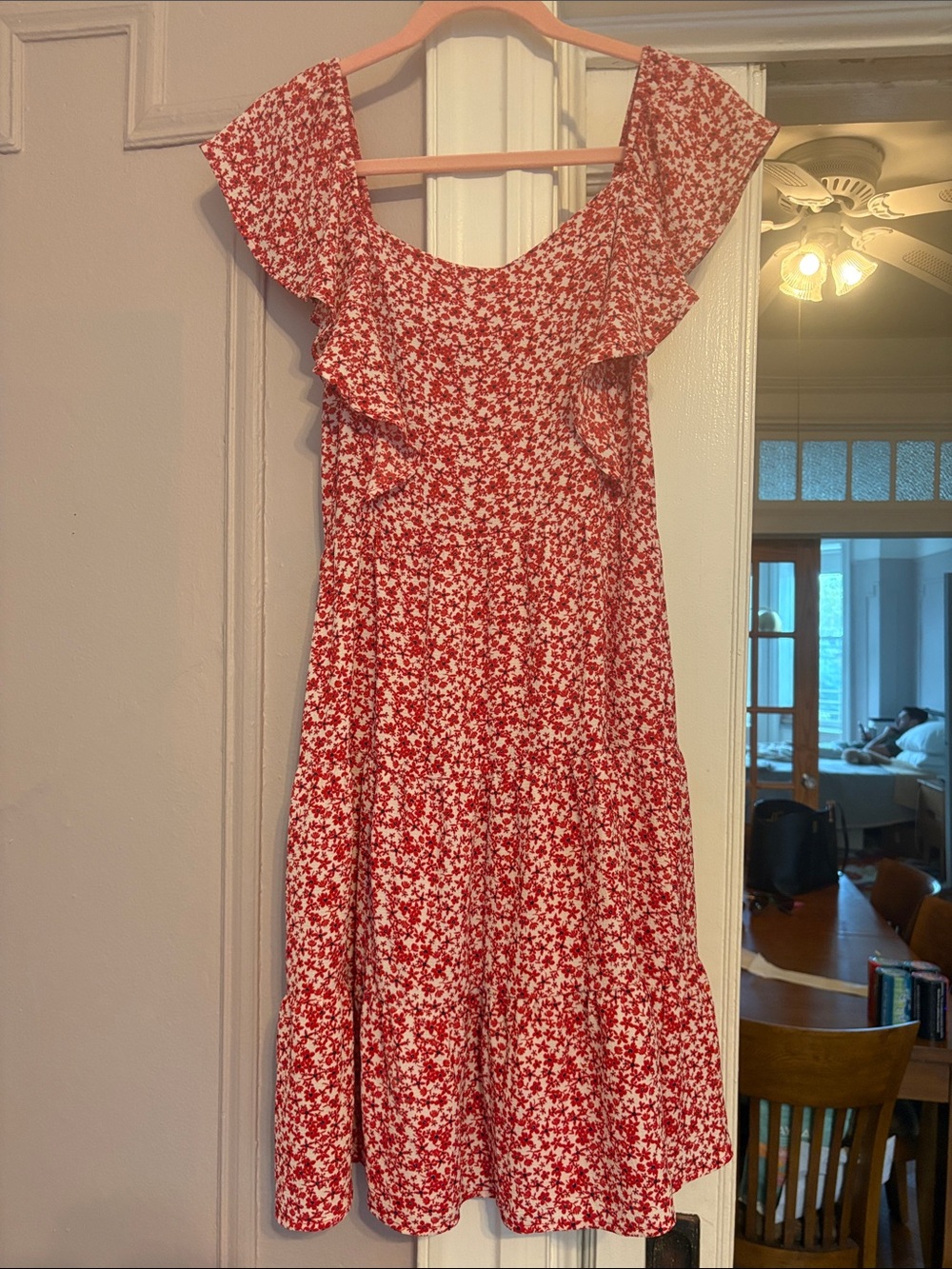 Red and white floral midi dress